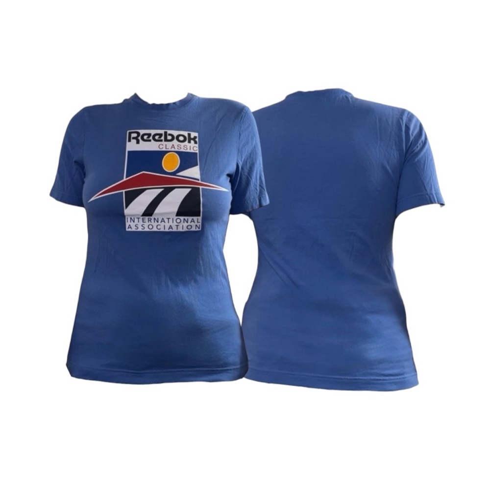 Reebok Blue Logo Graphic Tee with Red and Yellow Accents
